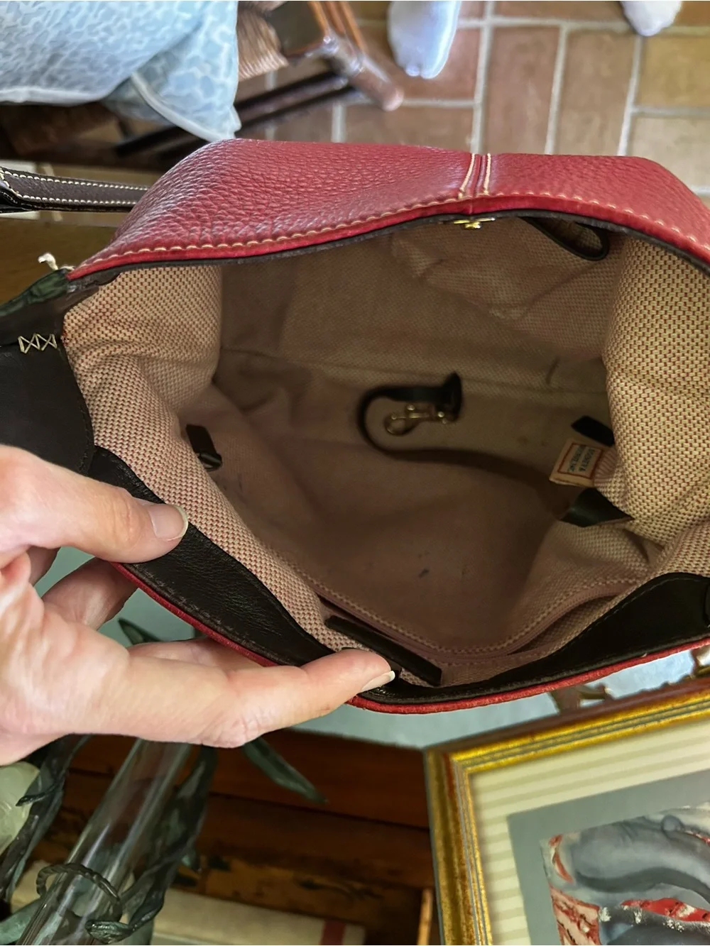Dooney & Bourke Pebble Leather Hobo Bag in Red with Dark Brown Trim